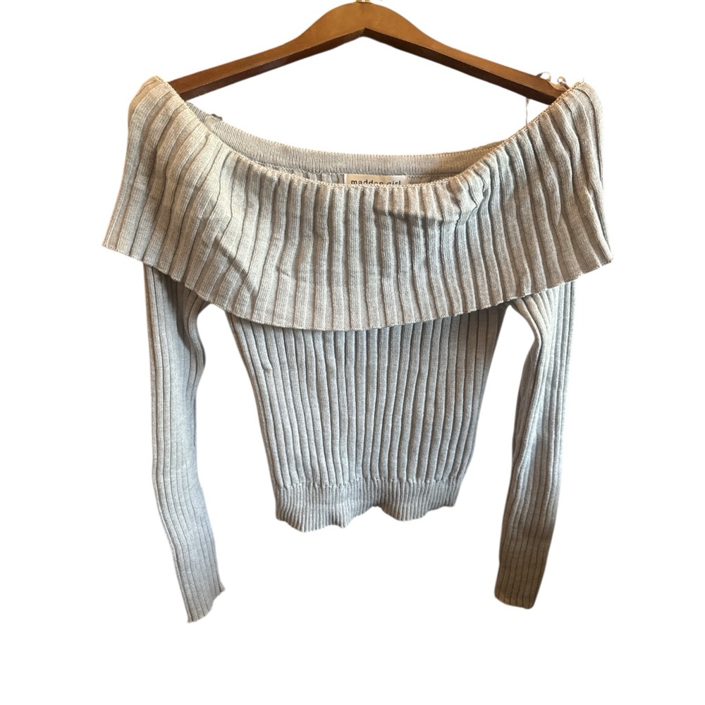 Madden Girl Light Chic  Casual Gray Off-Shoulder Ribbed Knit Sweater NWT XL New